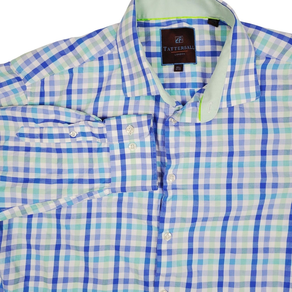 Tattersall‎ London Mens Dress Shirt XL 17 1/2 32/33 Blue Green Checkered